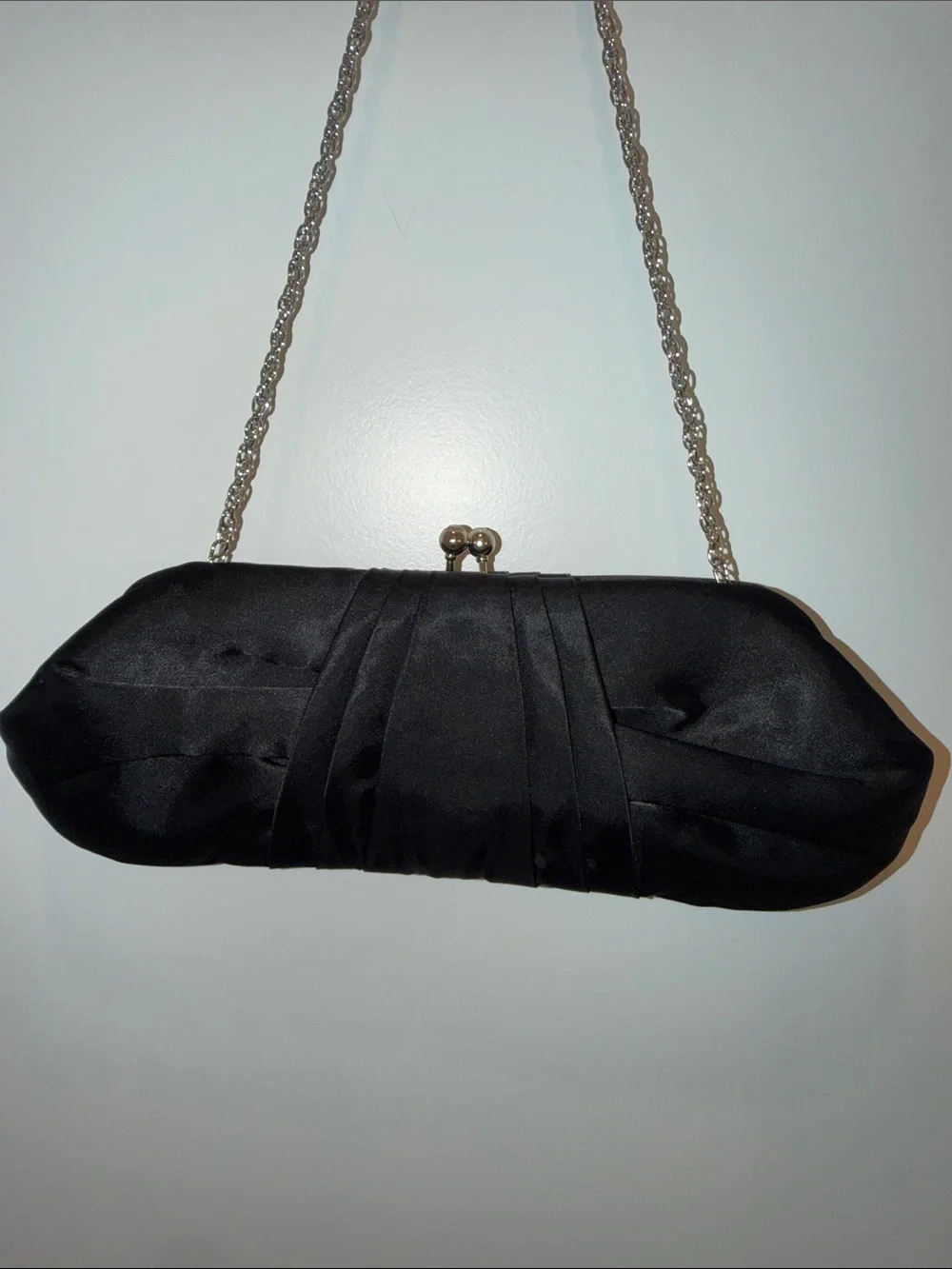 White House Black Market Black Satin Clutch with Silver Chain - Picture 2 of 6